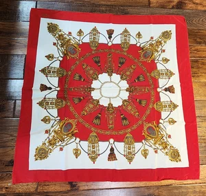 Hermes Paris Silk Square Scarf Center Medallion Tassels Classic Red White Gold - Picture 1 of 6