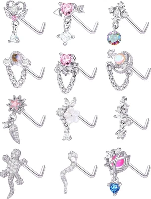 12 peças anel nariz nariz parafuso prisioneiro em forma de L cobra borboleta CZ flor lua pendurado nariz Ri - Imagem 1 de 4
