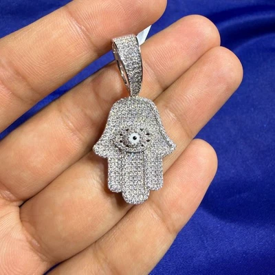 Муассанит Хамса подвеска Iced Pass тестеры твердое серебро 925 + стальной веревки цепи - Изображение 1 из 4