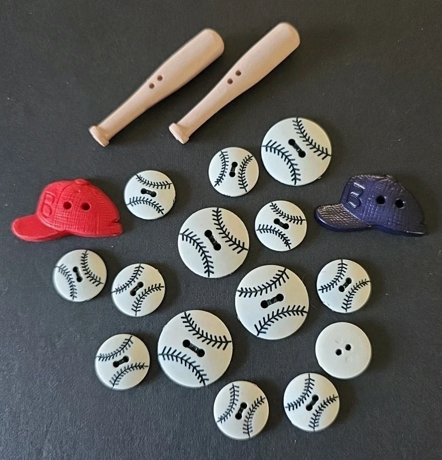Lot Of Baseball Themed Buttons Plastic Wood Crafts Novelty Bat, Hat, Baseballs - Image 1 of 1