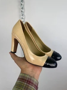 Chanel CC Cap Toe Patent Leather Beige Black  Heels Shoes Size 38 Italy - Picture 1 of 11