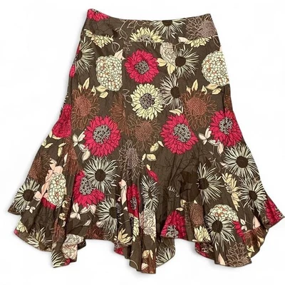 A.N.A. A New Approach 裙子女式 10 码棕色花卉不对称下摆侧拉链 — 第 1/4 张图片