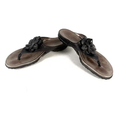 Sandalias Ecco Tanga Mujer 39 EE. UU. 8-8.5 Cuero Negro Cómodas Flor Chanclas Foto 1 de 4