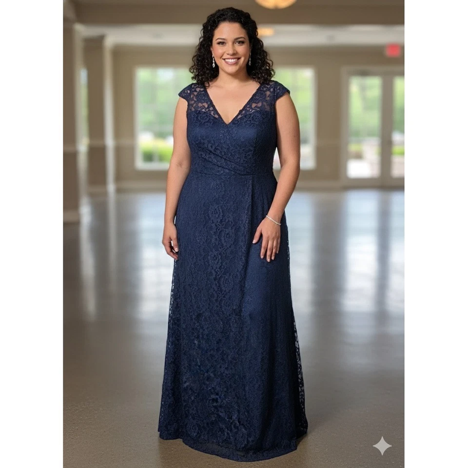 Alfred Angelo Lace Cap Sleeve V Neck Floor Length Gown Dress Plus Size 24W - Image 1 of 4