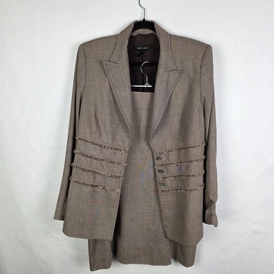Falda de lana de seda Escada Traje Blazer Chaqueta y Falda Marrón Borde de flecos 2 piezas Talla 40 42 Foto 1 de 4