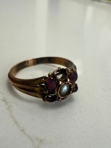 ANTIQUE 9ct GOLD RUBY & SEED PEARL CLUSTER RING - SIZE N - A/F - Picture 1 of 13