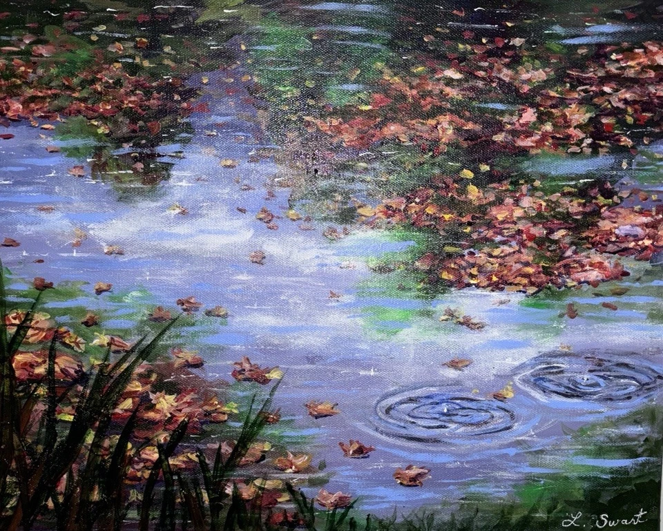 印象派绘画池塘带叶子 18x14 英寸拉伸帆布签名 — 第 1/4 张图片