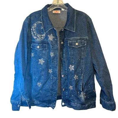 Quaker factory womans denim jacket medium blue silver stars moon sun bling - Image 1 of 4
