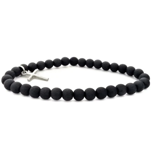 Bracciale con CROCE 13x7mm Argento Perle Nero braccialetto Elastico Uomo e Donna - Immagine 1 di 1