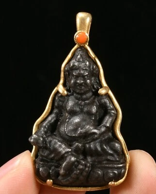 Colgante de 1,9"" Antiguo Tibetano Plata Dorado Amarillo Jambhala Riqueza Dios Buda Ratón Foto 1 de 4
