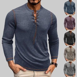 Men Lace Up Solid Long Sleeve T-shirt V-Neck Casual Muscle Fit Tops Shirt Blouse - Picture 1 of 25