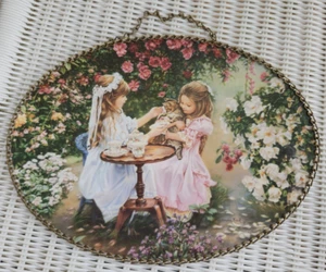Vtg Sandra Kuck Art Work Tea with Kitty & 2 Little Girls Oval Flue Cover Hanging - Picture 1 of 4