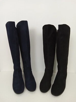 Women's DUO Knee High Boots Black/Navy Raven Suede Zip Back Side Panel New F1