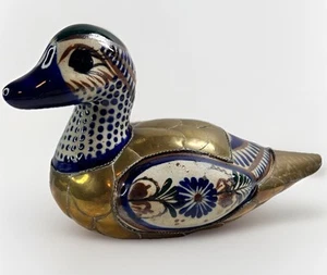 Vintage Duck From Tonala Mexico Handmade Painted In Armor Brass and Ceramic - Picture 1 of 8