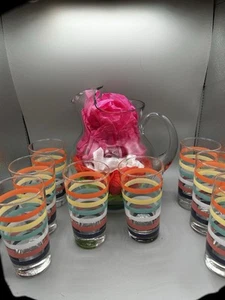 Vintage Flexeel Colorful Striped 8 Glasses With Clear Pitcher. (the old Kool-Aid - Picture 1 of 10