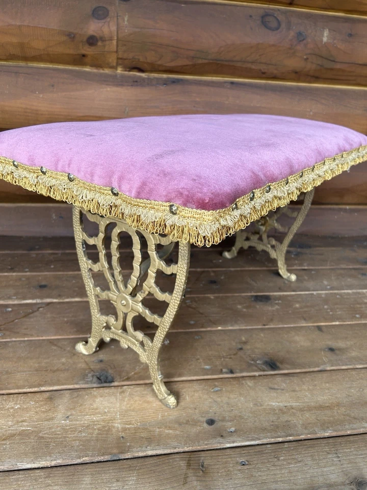 Antique Vintage Cast Iron Vanity Bench Pink Velvet  - Image 1 of 4