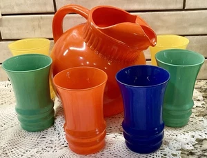 Vintage Anchor Hocking BALL TILT JUG PITCHER & 6 Glass Orange Blue Green Yellow - Picture 1 of 8