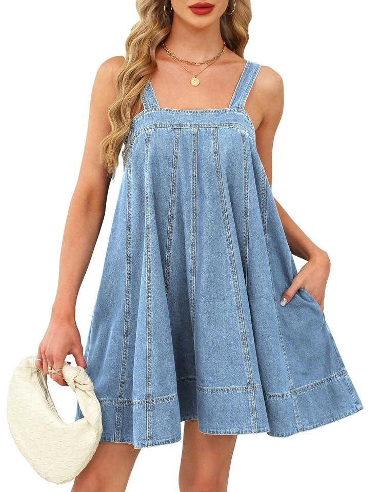 Vestido de mezclilla para mujer con corbata al hombro con correas sin mangas con volantes dobladillo verano C... Foto 1 de 4