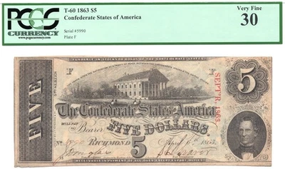 1863 $5 Confederate States of America T-60 PF-24 Note - PCGS VF30! Better Type! - Image 1 of 4