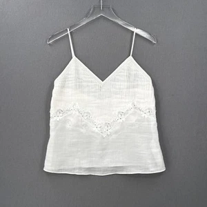 ZARA Ramie Pleated Cami Tank Womens Small White Spaghetti strap Lace Trim NEW - Picture 1 of 11