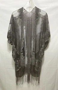 Unbranded Womens One Size Embroidered Gray Purple Shawl Kimono Duster Tassels - Picture 1 of 12