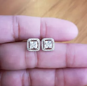 2 Ct Princess Cut Women's Men's Halo Earrings in Solid Silver 14K Gold Plated - Picture 1 of 5