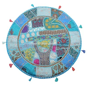 Indian Round Floor Pillow Cover Vintage Patchwork Turquoise 28x28 Cotton Seat - Picture 1 of 4