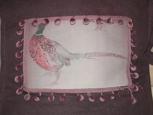 VINTAGE SET OF 3 HAND MADE CUSHIONS PLUM/ NATURAL LINEN BLEND   - Picture 1 of 4