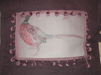 VINTAGE SET OF 3 HAND MADE CUSHIONS PLUM/ NATURAL LINEN BLEND   - Image 1 of 4