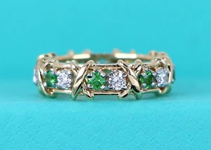 $11K Tiffany Co 18K Gold Platinum Schlumberger X 16 Stone Diamond Tsavorite Ring - Picture 1 of 9