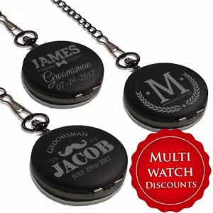 Black Custom Engraved Pocket Watch - Wedding Gift for Men, Groomsmen, Groom, Him - Picture 1 of 9