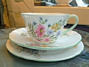 A BEAUTIFUL SHELLEY TRIO, OLEANDER SHAPE , WILDFLOWERS PATTERN - Picture 1 of 7