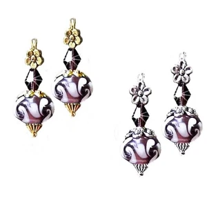 Earrings Burgundy Purple Mauve lampwork crystal drop, choose clip on or pierced - Foto 1 di 4