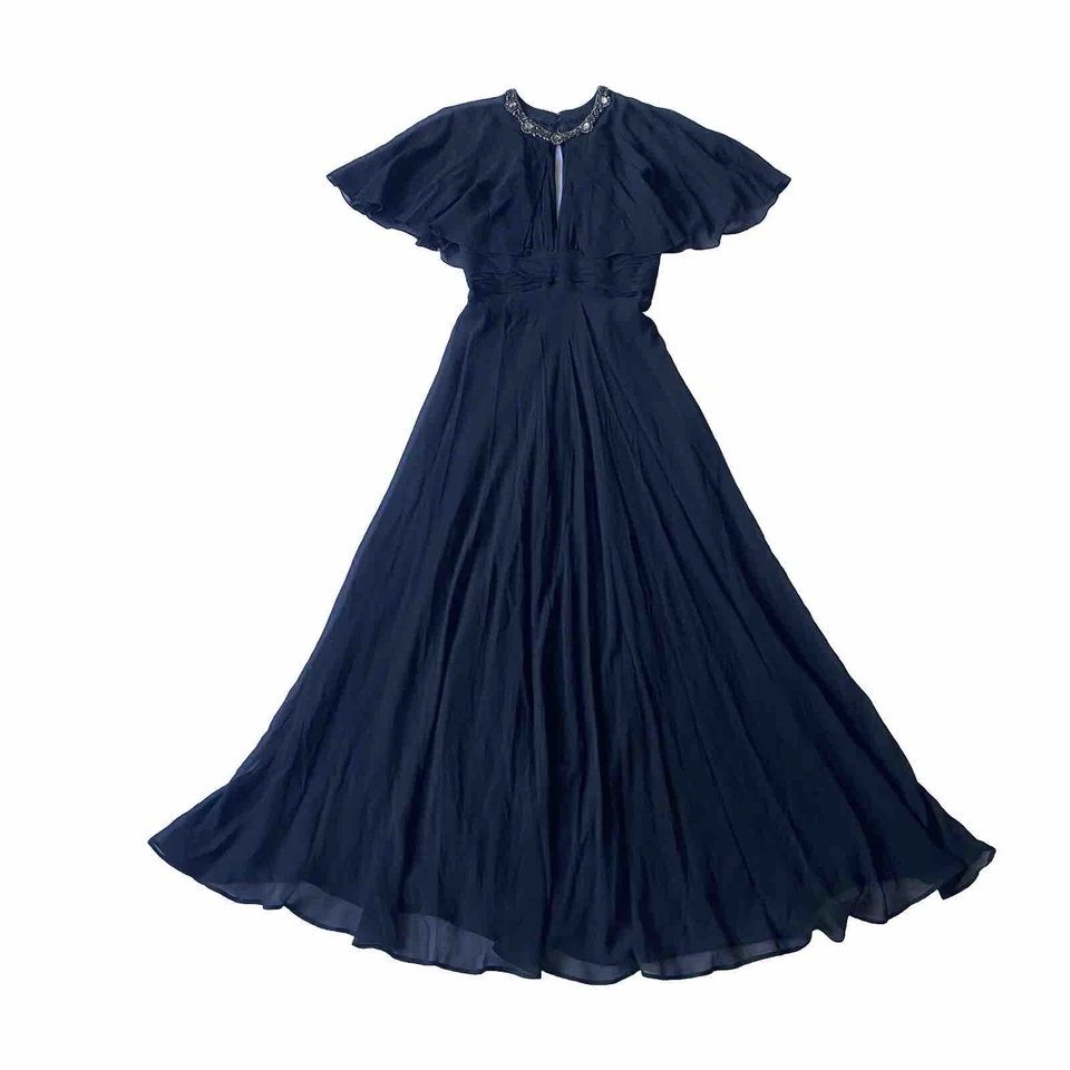 Rickie Freeman Teri Jon Gown 4 Silk Chiffon Grecian Halter Pelerine Beaded Jewel - Image 1 of 4