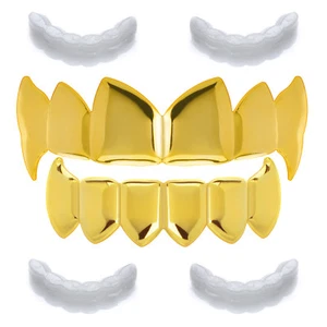 Colmillos Drácula JUEGO GRILLZ Dientes de Tapa Superior Inferior Enchapados en Oro LS 055 G 2 Barras Extra - Imagen 1 de 4