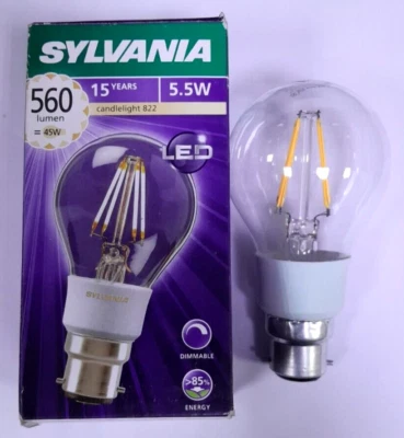 1x 5.5W Sylvania Dimmable LED Filament GLS BC B22 Bayonet Cap Light Bulb 2200K - Image 1 of 2