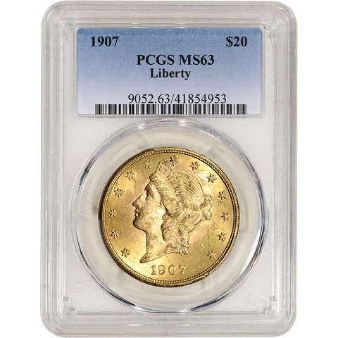 1907 US Gold $20 Liberty Head Double Eagle - PCGS MS63 Cover