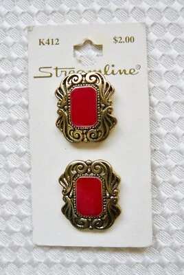 2 Streamline Buttons Red Enamel Antique Gold Oblong Shank 1-1/8" 28mm - Image 1 of 2
