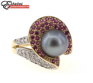 Tahitian Gray Cultured Pearl, Ruby, Diamond, 14K Yellow Gold Ring - Picture 1 of 10
