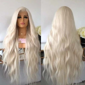 UK 24inch Synthetic hair Lace front wigs Full Head Platinum blonde Long Wavy - Picture 1 of 7