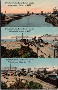 Postal de colección de la década de 1910 de ASHTABULA, Ohio "Pennsylvania Lake Front Dock" 3 vistas - Imagen 1 de 2