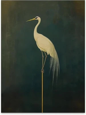White Crane Bird Poster Minimal Oriental Art Print Elegant Asian Style Wall Deco - Image 1 of 3