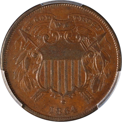 1864 Two (2) Cent Piece Small Motto CAC Sticker PCGS XF40 Key Date Strong Str... - Image 1 of 4