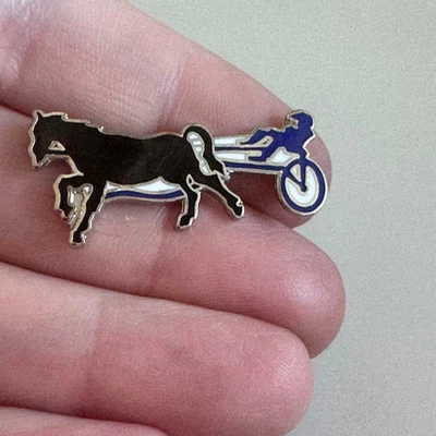 Arnés de colección caballo de carreras y esmalte azulado solapa pin negro azul Foto 1 de 3