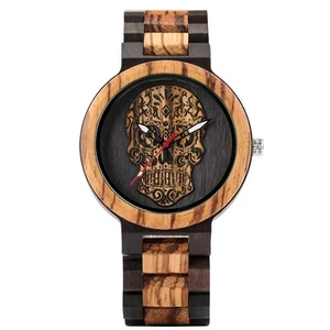 Gothic Style Skull Head Dial Men's Wooden Quartz Wrist Watch Adjustable Strap - Picture 1 of 10