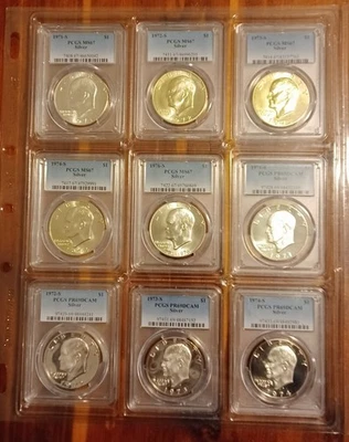 Lote de 9 moedas 40% prata PCGS Eisenhower Dollars MS67 + PF69 DCAM - Imagem 1 de 4