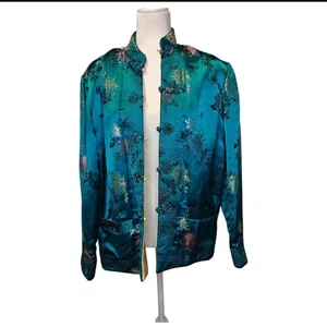Vintage Pfingstrose Satin Jacke Brokat wendbar chinesisch türkis creme 42 große Froschknoten - Bild 1 von 9