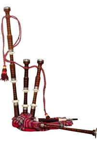 FULL SIZE BAGPIPES SET,  TARTAN COVER, ENGRAVED NICKEL, REXINE BAG - Picture 1 of 4