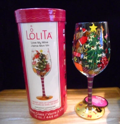 LOLITA 2022 MY WINE DOGGY DAYS OF CHRISTMAS HAND PAINTED 15 OZ. WINE GLASS NEW - Image 1 of 4