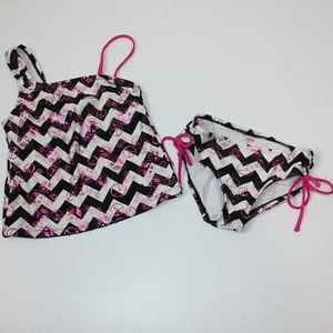 Justice Girl's Zigzag Stripe Peace Sign Tankini Swim Swimsuit Set size 6 - Picture 1 of 3